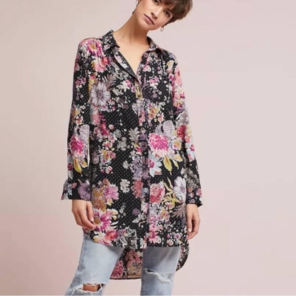 Maeve Anthropologie Black Floral Button Front High Low Tunic Shirt Top Duster